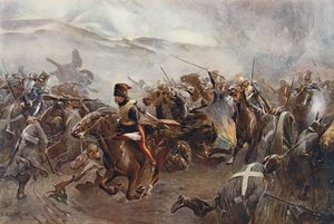 A Carga da Brigada Ligeira na Batalha de Balaclava em 25 de outubro de 1854, ilustração de "Batalhas Britânicas em Terra e Mar", editado por Sir Evelyn Wood (1838-1919) 1915